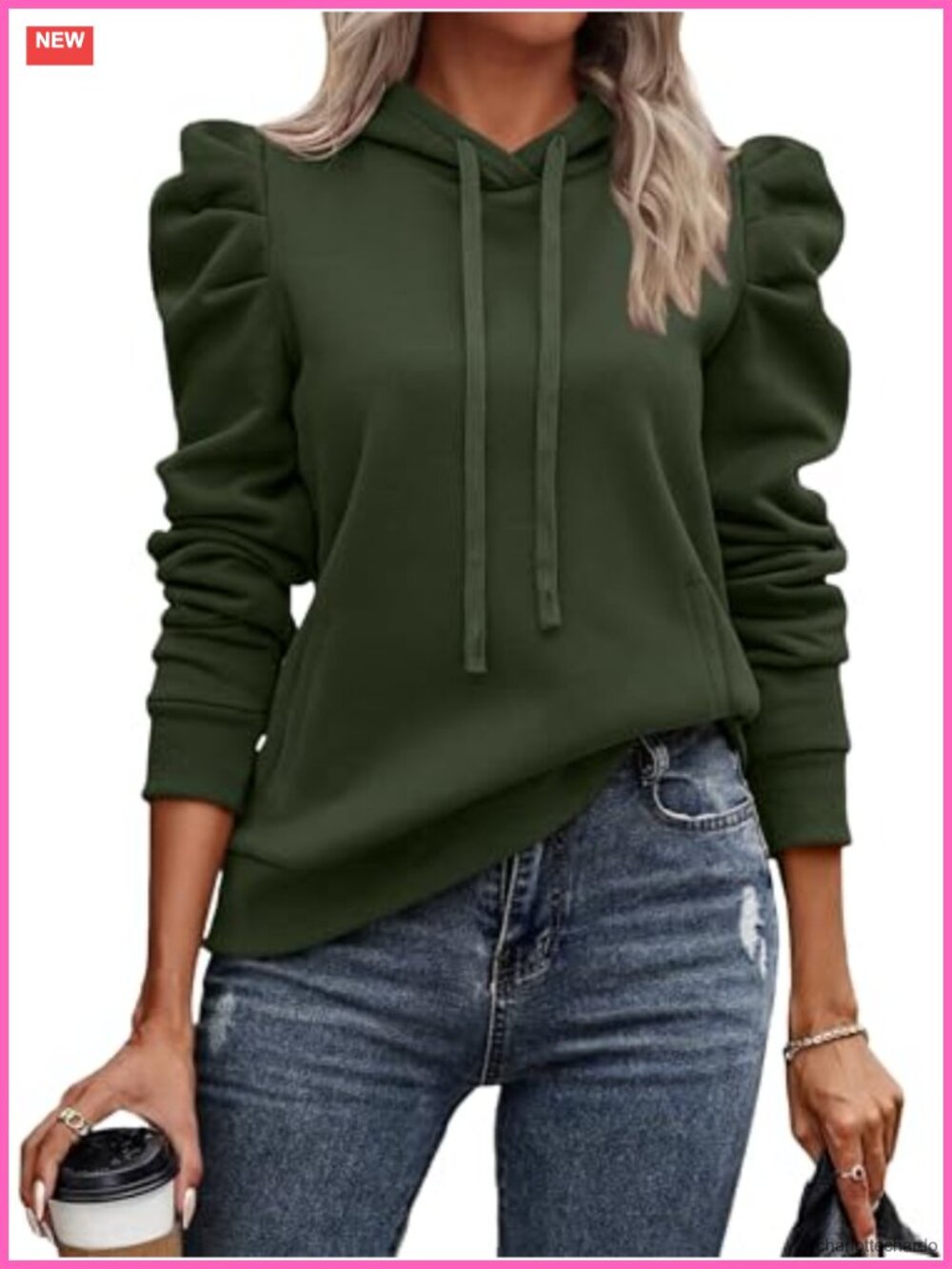 Women's Puff Sleeve Drawstring Hooded Pullover Sweatshirt